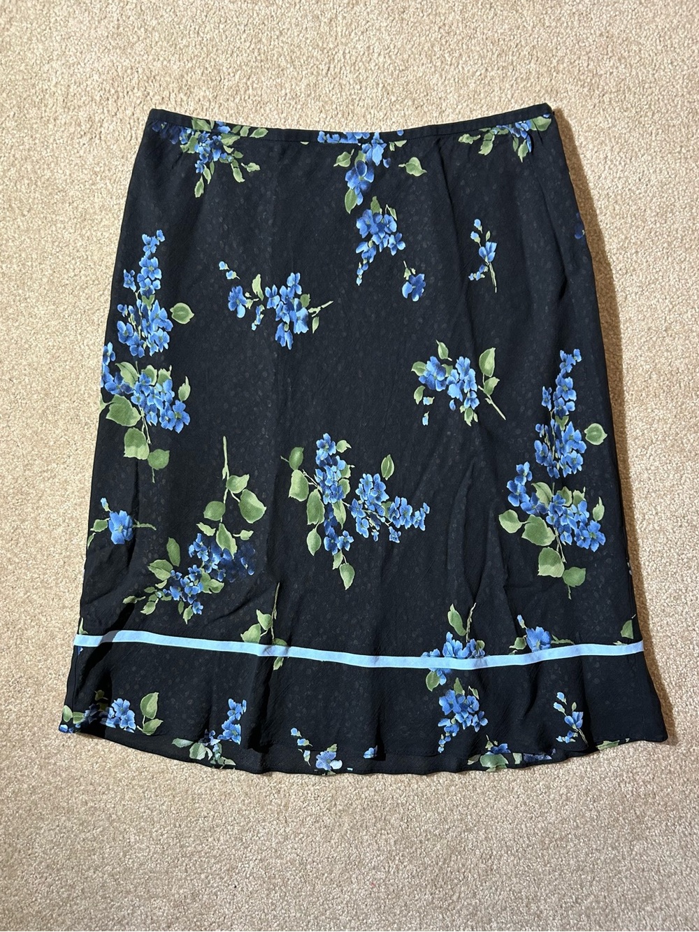 Ann Taylor Black Sheer Overlay Skirt Blue Floral Ribbon A-Line Womens 12